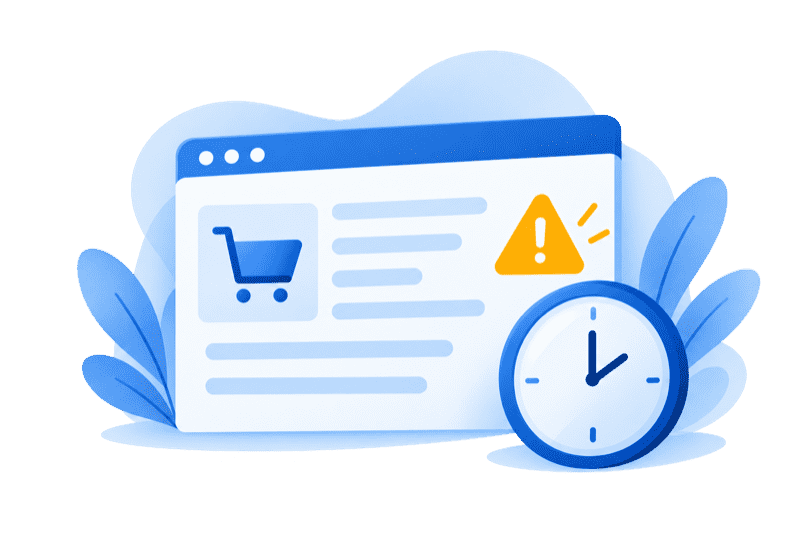 Onlineshop mit Warnhinweis und Uhr