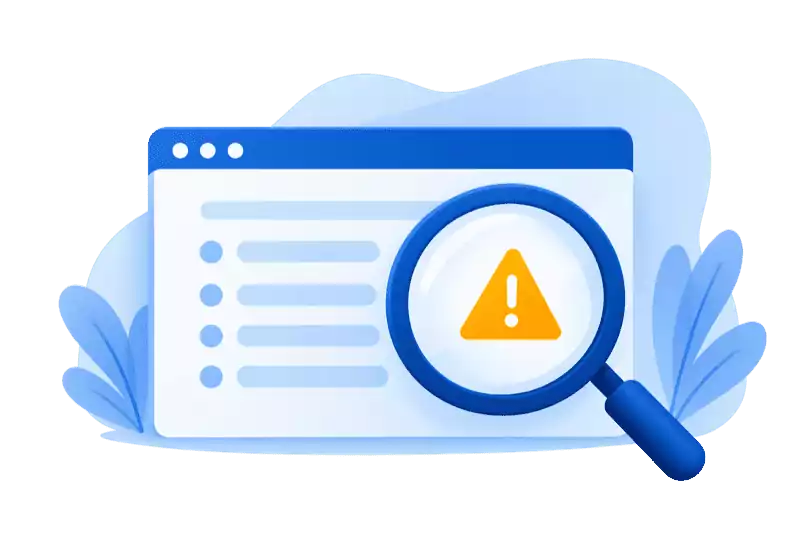 Lupe über einer Website mit Warnhinweis