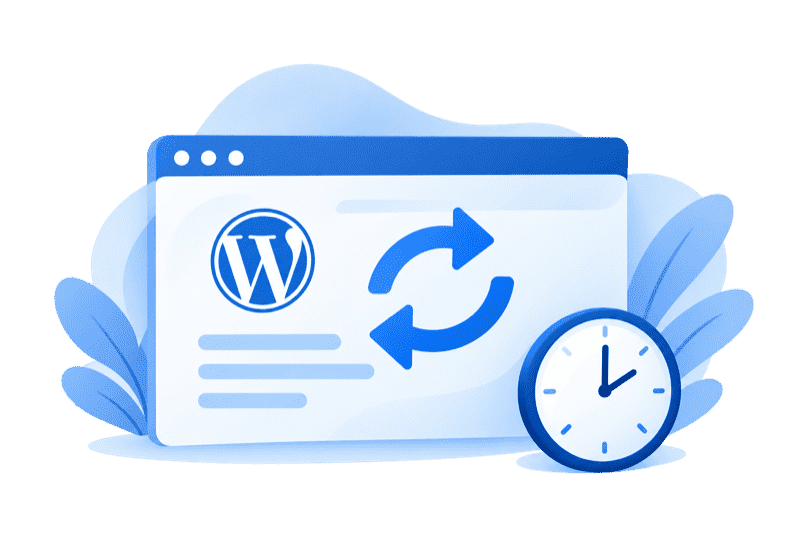 WordPress-Website mit Update-Pfeilen und Uhr
