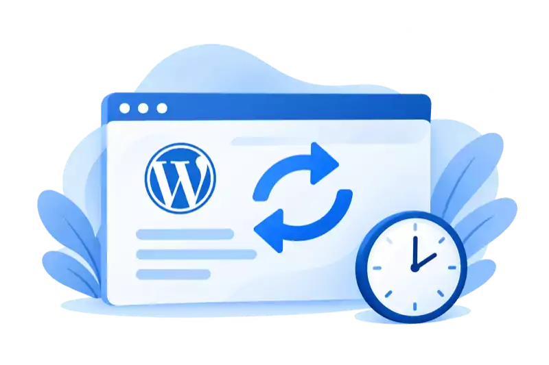 WordPress-Website mit Update-Pfeilen und Uhr