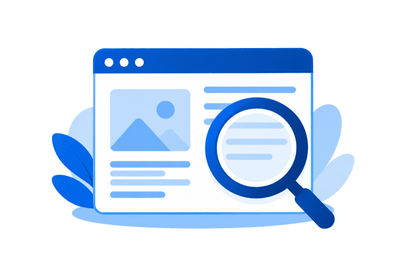 Website-Prüfung mit Browserfenster und Lupe