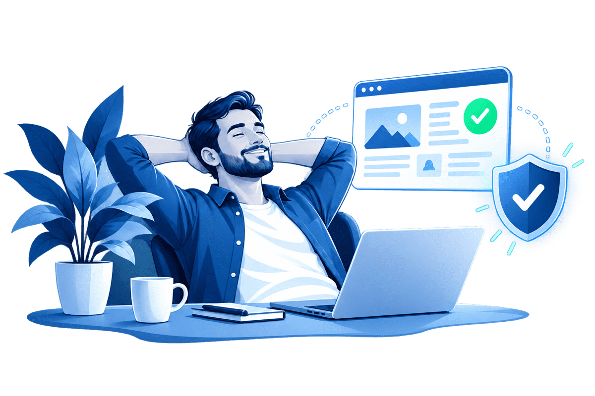 Entspannter Unternehmer am Laptop mit betreuter Website und Schutzschild