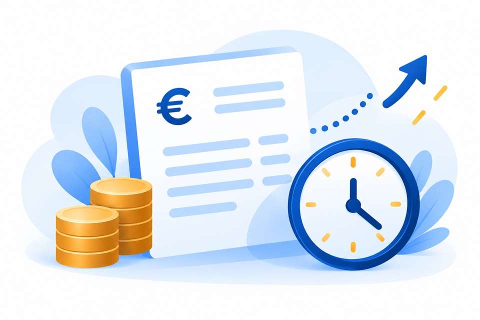 Rechnung mit Eurozeichen, Münzen und Uhr