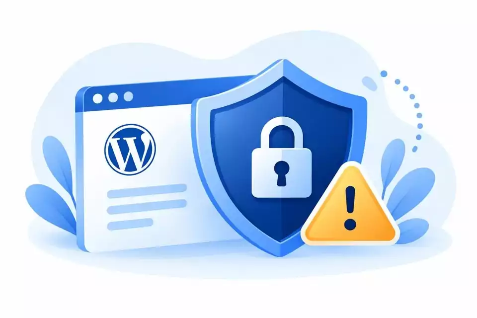 WordPress-Sicherheit mit Schutzschild und Warnsymbol