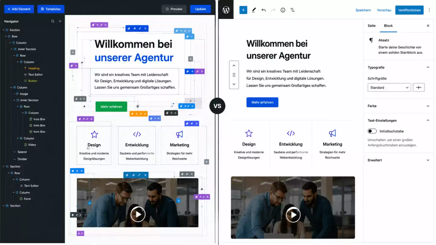 Gegenüberstellung eines Page Builders und des WordPress-Block-Editors