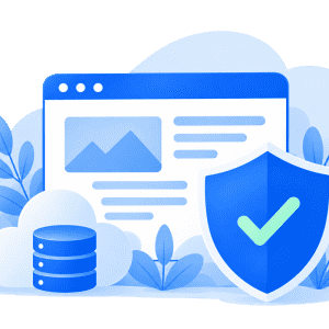 WordPress-Website mit Schutzschild, Backups und grünem Häkchen